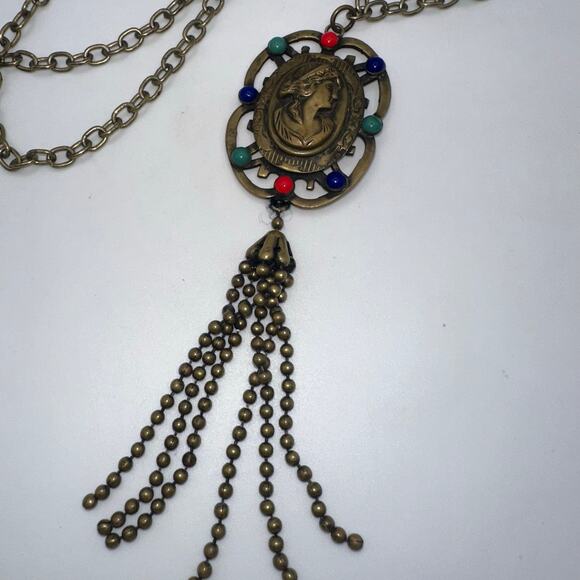 Antique Art Deco 1920s brass multicolor glass cameo tassel pendant necklace - Picture 5 of 10